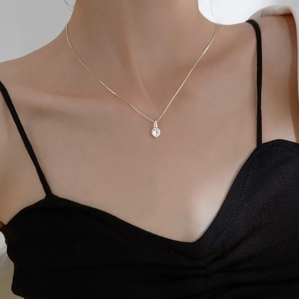 Sterling Silver Drop Bar Round Simulated Diamond Pendant Necklace - Picture 4 of 10